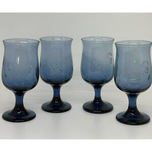 VTG Set 4 Pfaltzgraff Yorktowne Etched Cobalt Blue Stemmed Goblet Glasses 5.5"